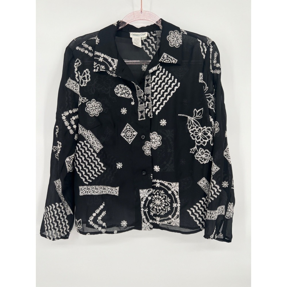 Coldwater Creek Black and White Embroidered Sheer Blouse Womens Sz PM